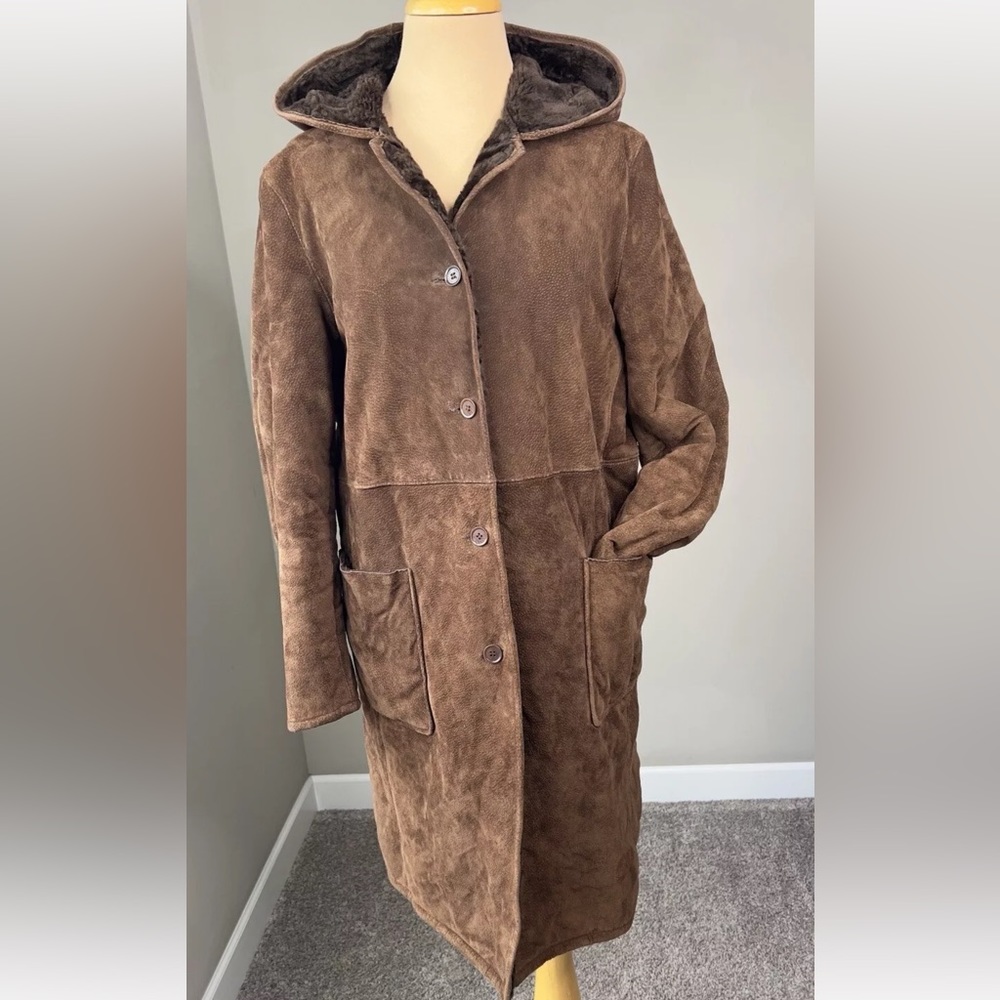 KENNETH COLE REACTION Shearling Suede Leather Hooded Jacket Mid Coat Women's M
